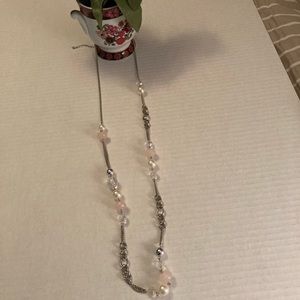 Long silver, beaded necklace